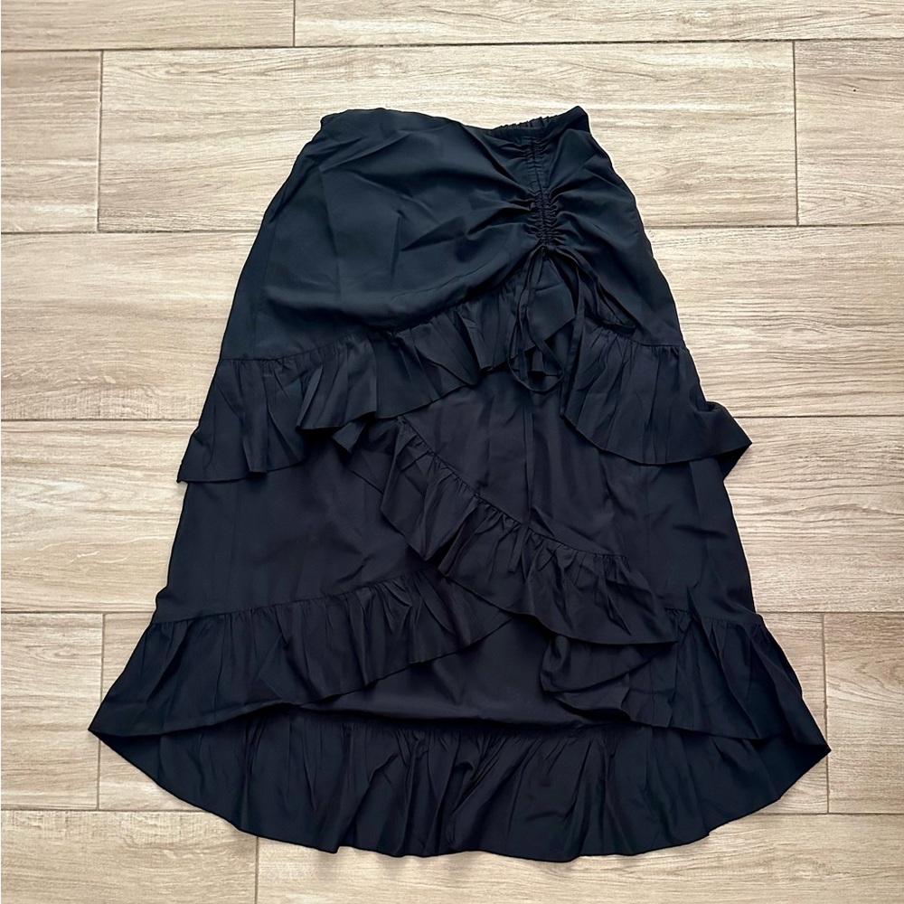 Cosmic Aura Black Asymmetrical Ruffle Tiered Midi Skirt